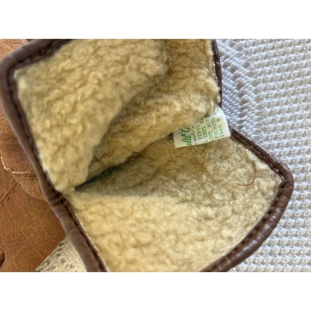 Vintage Tan Brown Leather Faux Shearling Lined Winter Gloves Women Small